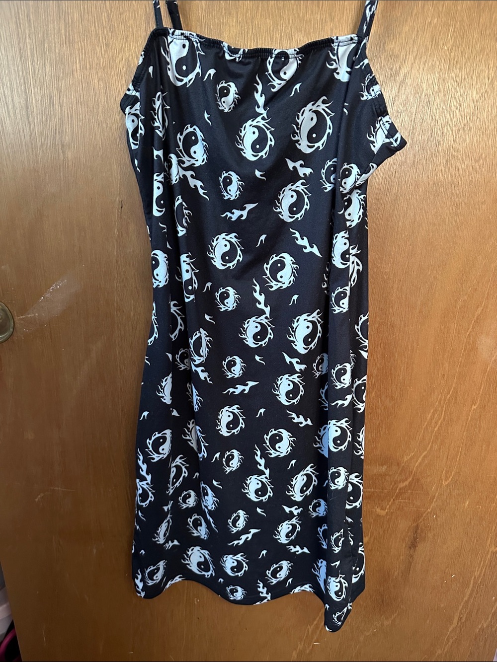 SHEIN Black Mini Slip Dress with White Yin-Yang Flame Print